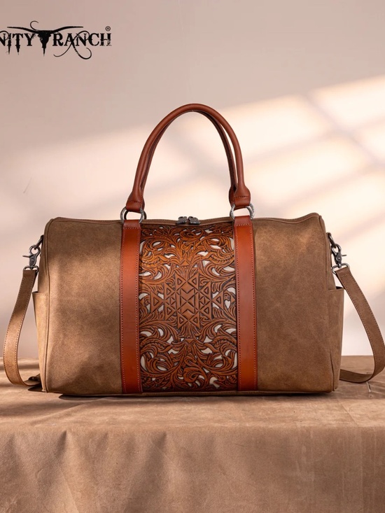 Trinity Ranch Handbags - Trinity Ranch Floral Aztec Tooled Collection Weekender Bag Brown